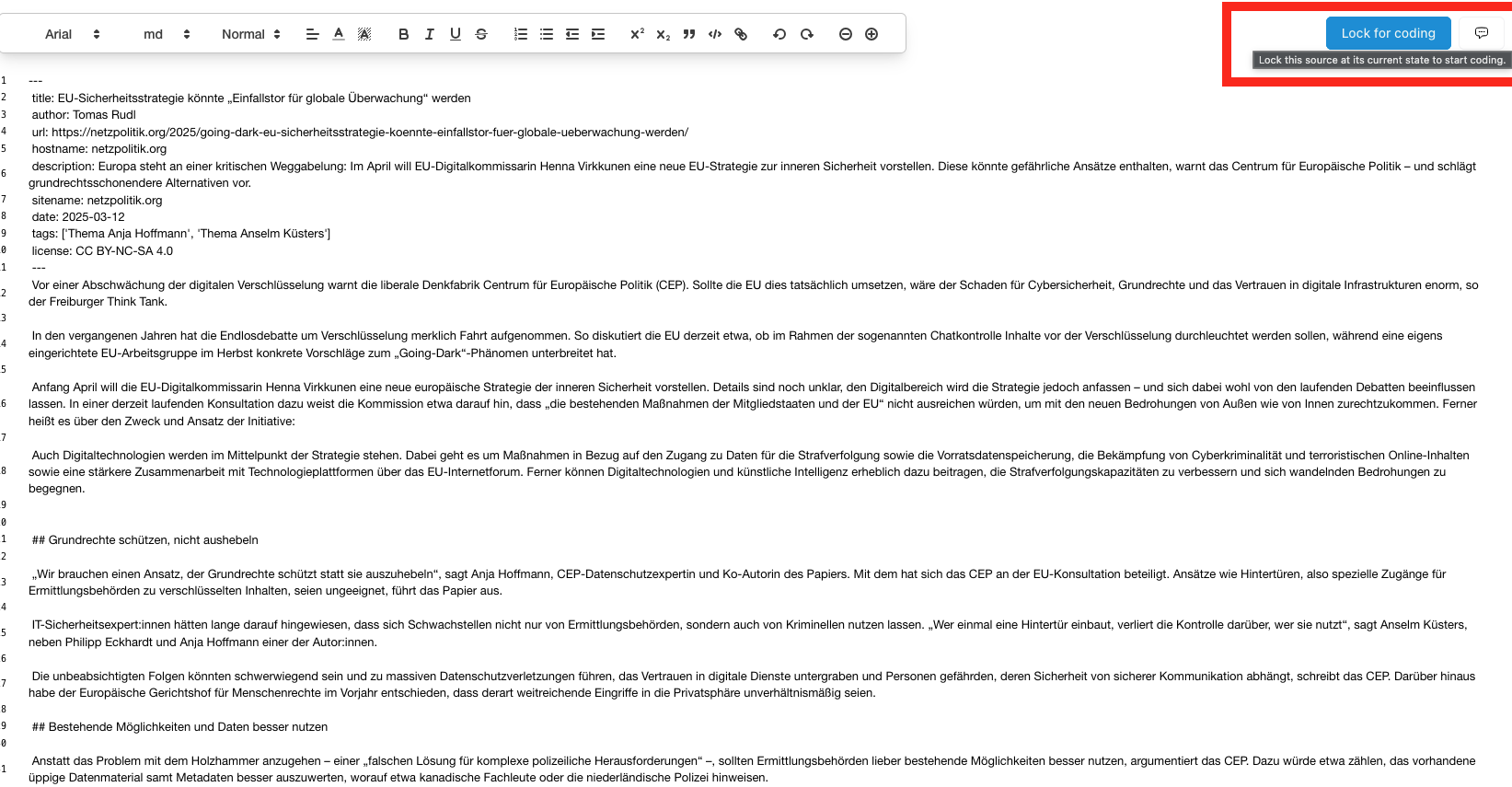 Der Lock-for-Coding-Button in OpenQDA.